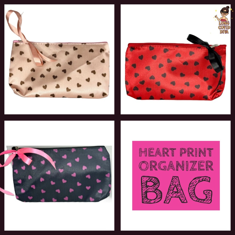 🩷🖤Cute/Heart Patterned/Satin/Make-up Bag w/ Zipper/6.7” x 3.9”